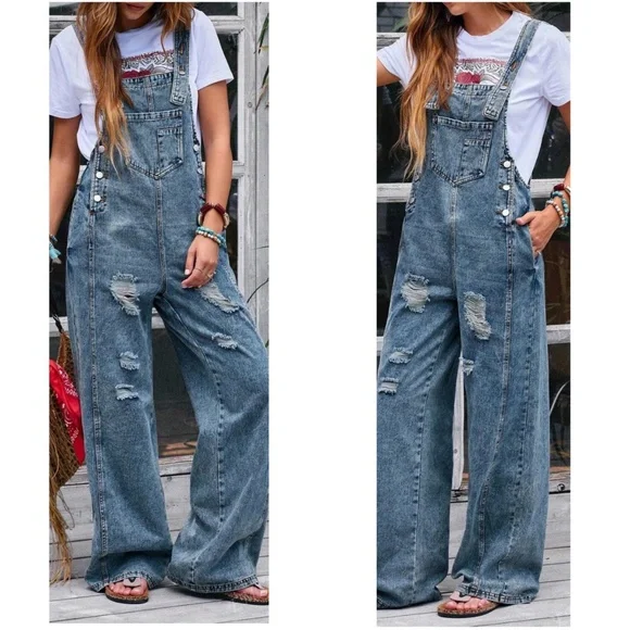 Medium Wash Distressed Wide leg Denim Jean Bib Overalls - Picture 2 of 3